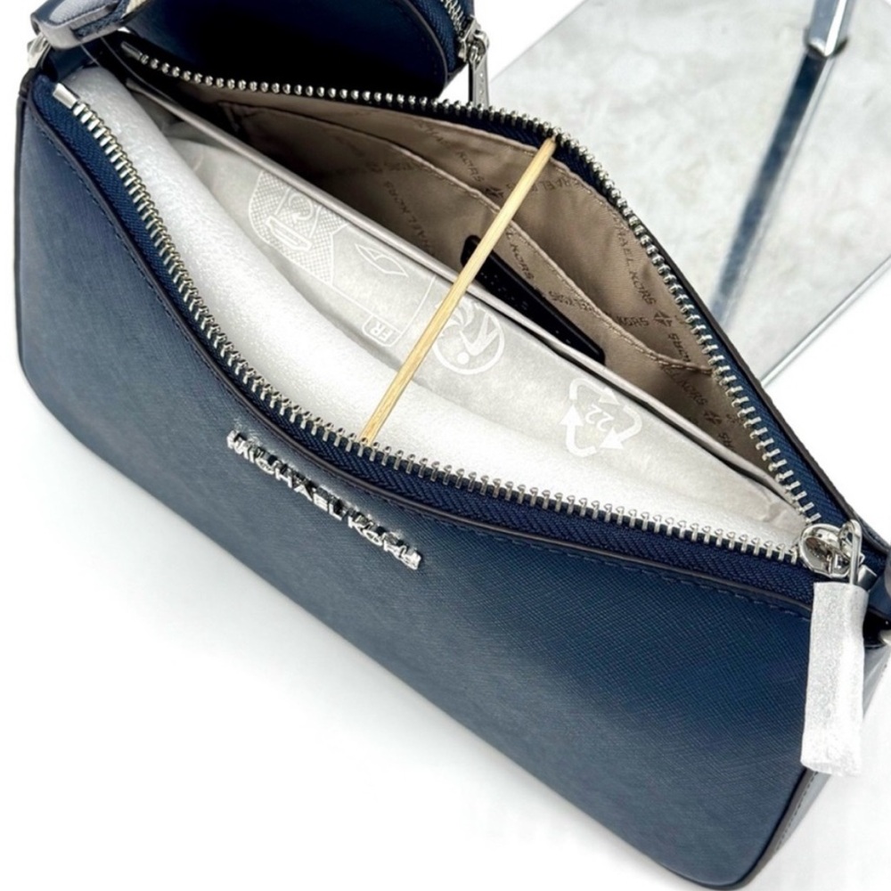 Michael Kors Small Leather Crossbody Bag w Case for Apple Airpods Pro® Navy - Picture 8 of 11